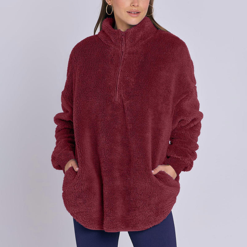 Women Fluffy Oversized Sherpa Pullover with Half Zip and Kangaroo Pockets Amarae