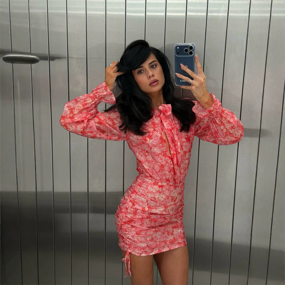 Women Floral Chiffon Mini Dress with Bow Collar, Transparent Volume Sleeves and Side Gathering Amarae