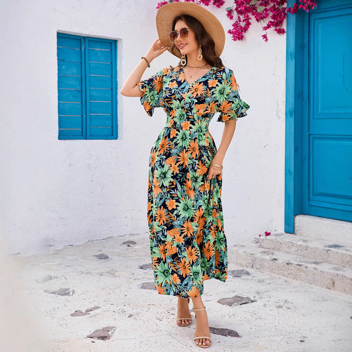 Floral maxi dress for women with ruffled sleeves Lune London