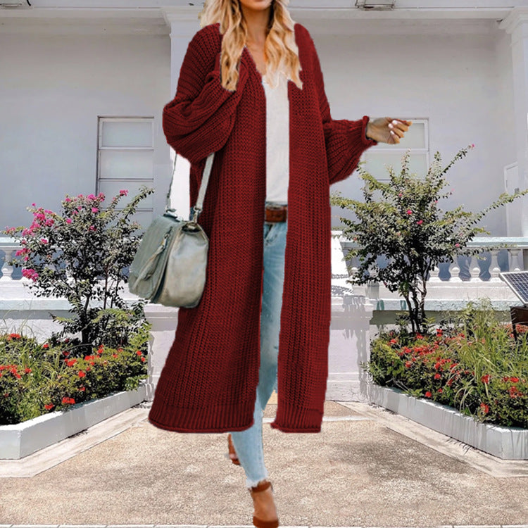 Ladies Long Knit Cardigan with Wide Sleeves and a Chic Textured Design