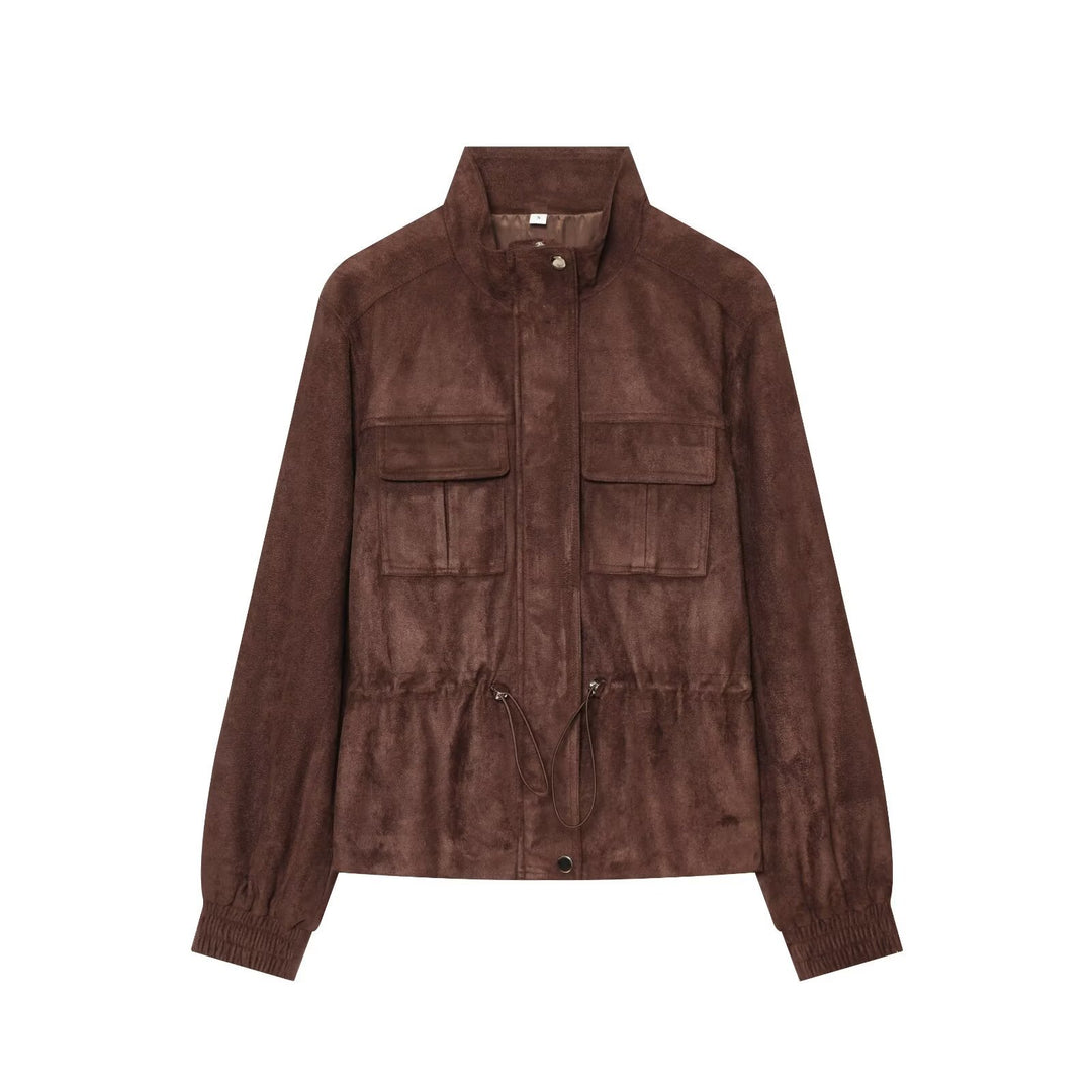 Ladies short jacket in field style made of suede leather look with stand-up collar, chest pockets, and drawstring Amarae