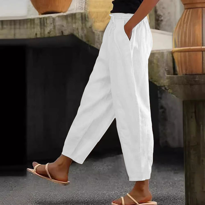Women's Linen Blend Cropped Pants with Elastic Waistband, Drawstring and Side Pockets Amarae