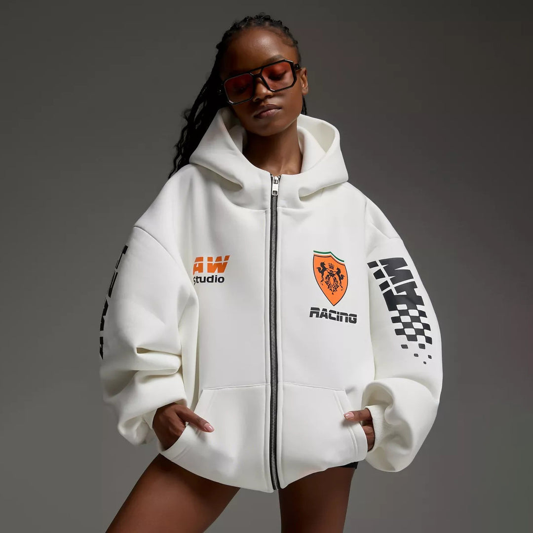 Oversized hoodie jacket for women with graphic running design Lune London