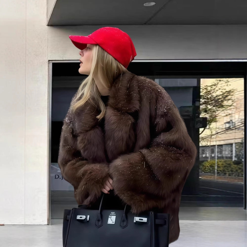 Ladies Elegant Synthetic Fur Jacket with Chic Sparkling Accents and Style