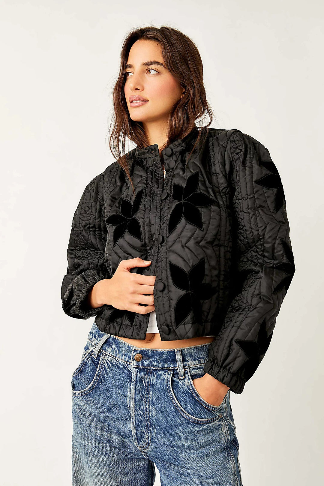 Ladies quilted jacket with floral design and elastic edges Lune London