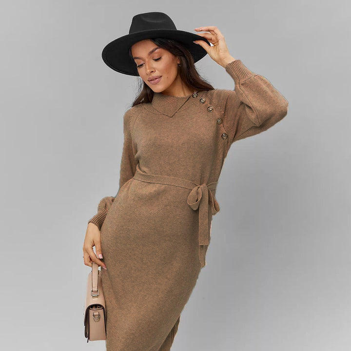 Robe en tricot élégante pour femme avec ceinture de tailleur et détails de boutons à la mode Chic & Stil