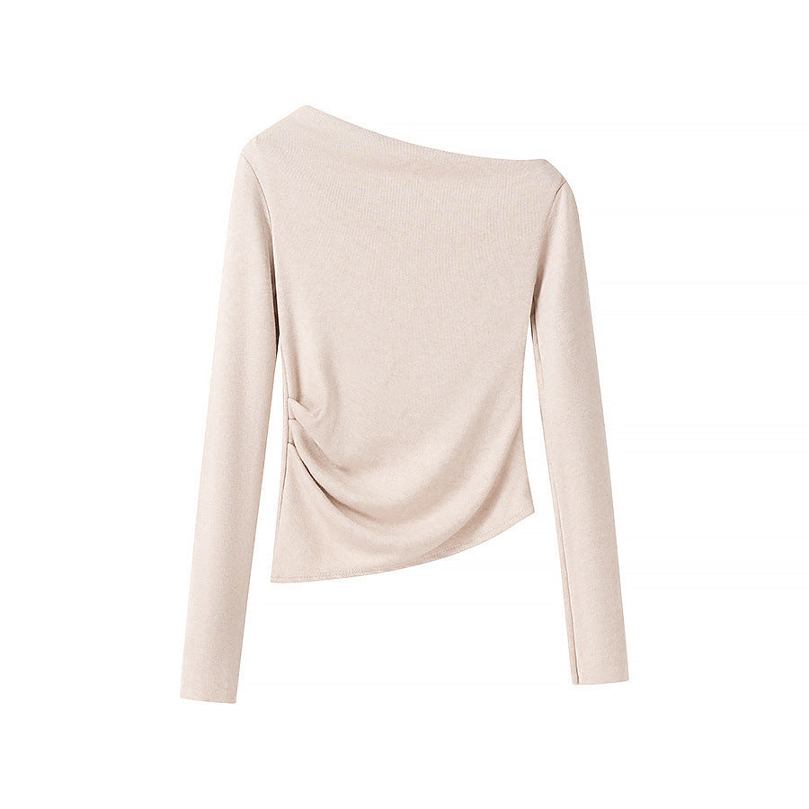 Women’s asymmetrical fine knit top with off-the-shoulder neckline and gathered side panel Amarae