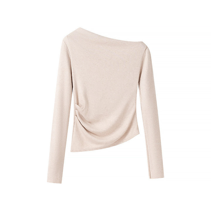 Women’s asymmetrical fine knit top with off-the-shoulder neckline and gathered side panel Amarae