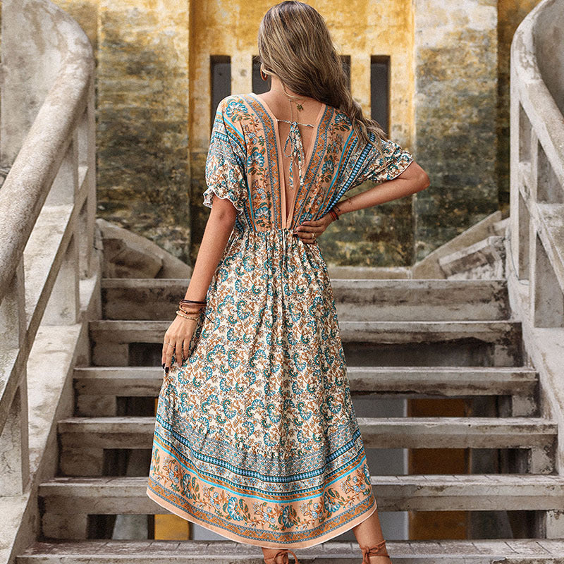 High-Low Elegant Women's Floral Print Ruffle Maxi Dress