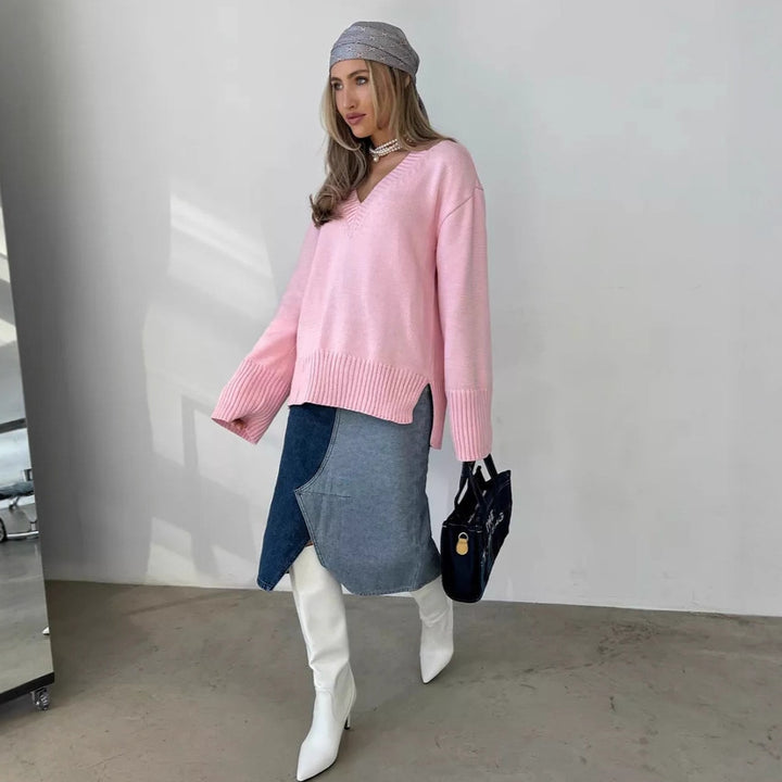 Women Elegant Knit Sweater with V-neck and Soft Material Lune London