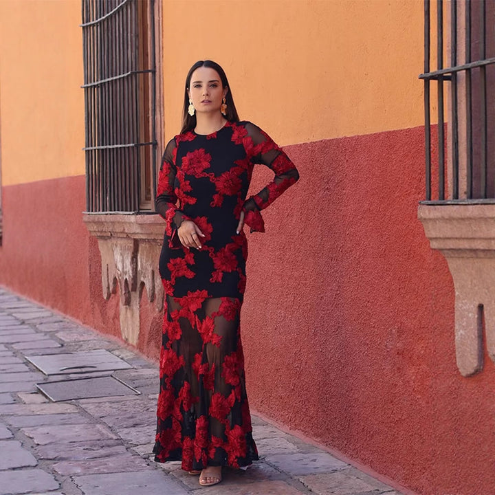 Women’s maxi dress with transparent mesh and floral embroidery Amarae