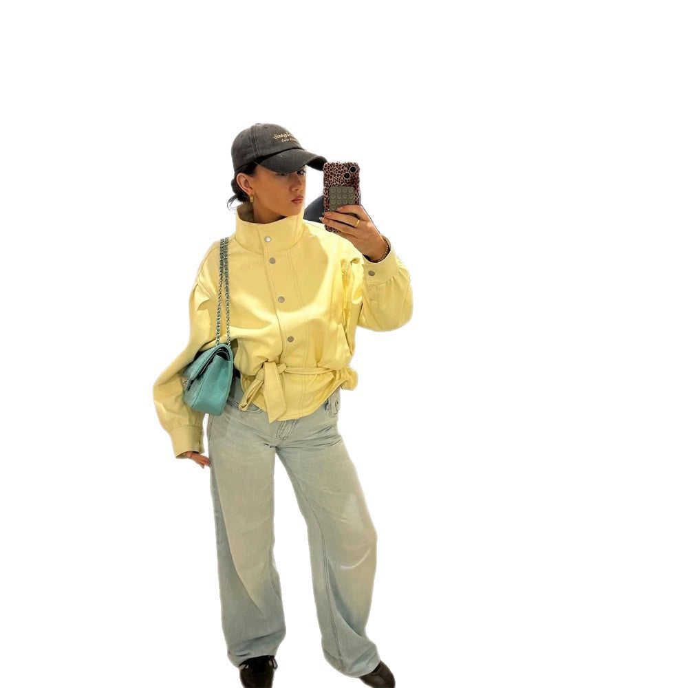 Women's Short Tailored Jacket with Stand Collar, Puff Sleeves and Tie Belt Amarae
