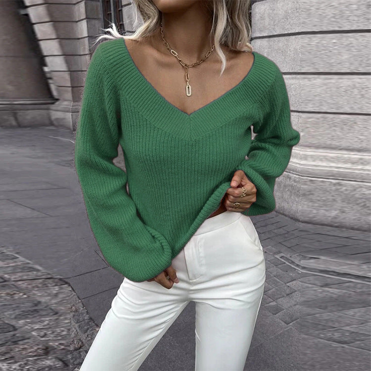 Knitted sweater for women with V-neck and wide sleeves Lune London