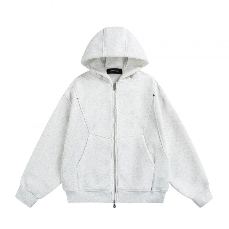 Unisex Boxy Hoodie Jacket with Two-Way Zipper and Geometric Seam Details Amarae