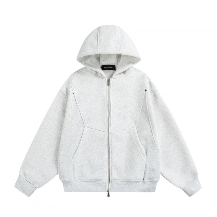 Unisex Boxy Hoodie Jacket with Two-Way Zipper and Geometric Seam Details Amarae