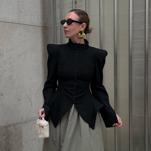 Women's Tailored Blazer with Sculptural Shoulders, Emphasized Waist and Pointed Peplum