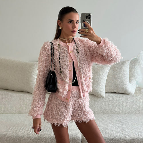 Fashion knit set for women with fringe details and elegant buttons Amarae