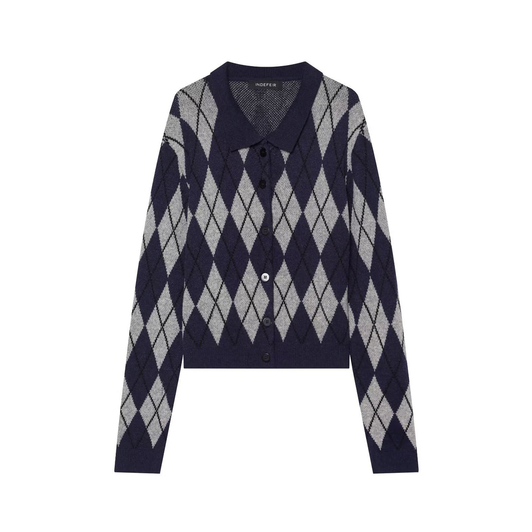 Women's argyle knit cardigan with shirt collar and full button placket Amarae