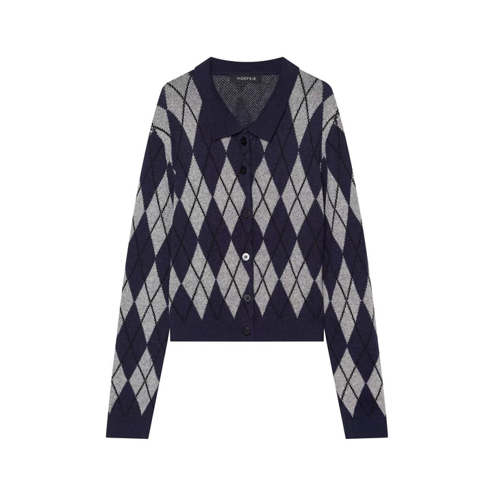 Women's argyle knit cardigan with shirt collar and full button placket Amarae