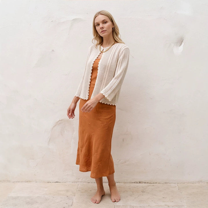Women's crocheted short jacket with wavy hem, open front & 3/4 sleeves Amarae