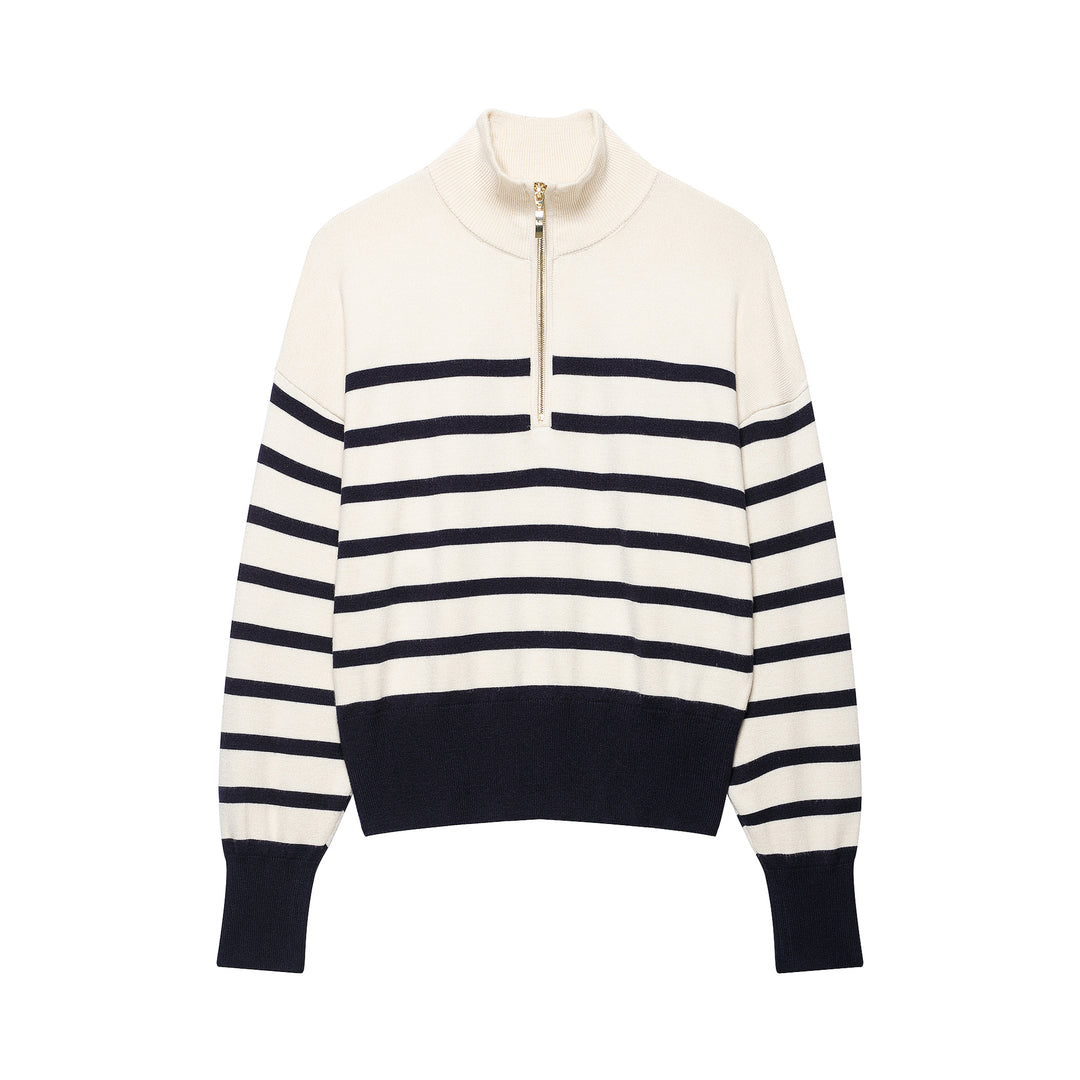 Women's Striped Half-Zip Knit Sweater with Stand-up Collar Amarae