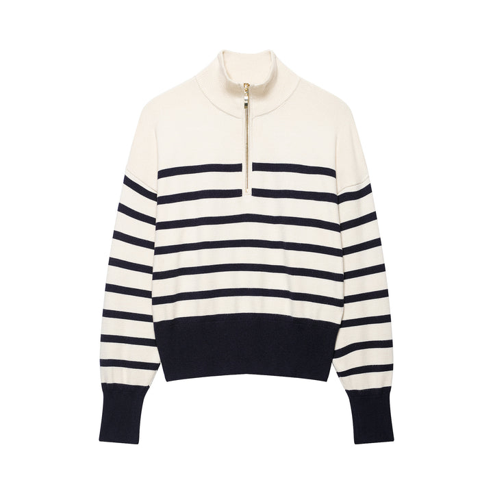 Women's Striped Half-Zip Knit Sweater with Stand-up Collar Amarae
