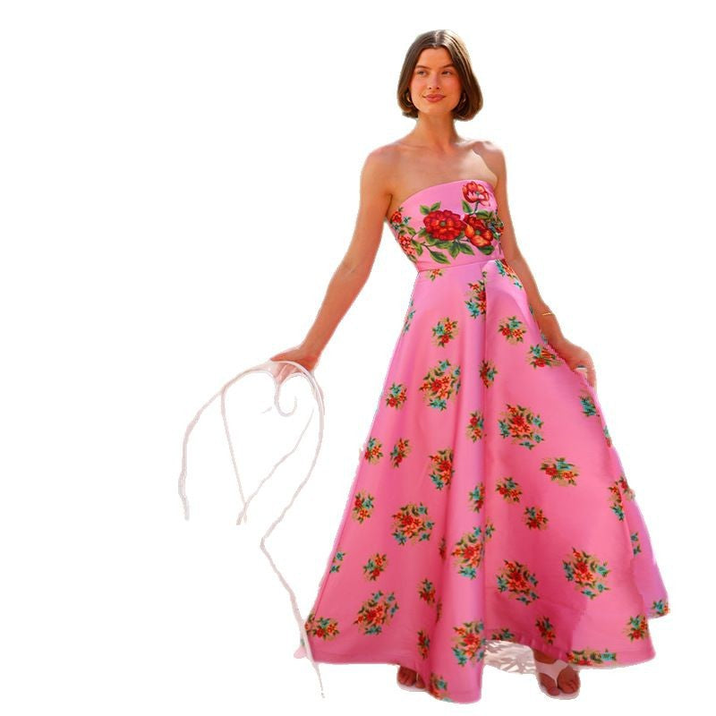 Ladies ball gown with floral top and flowing skirt Lune London