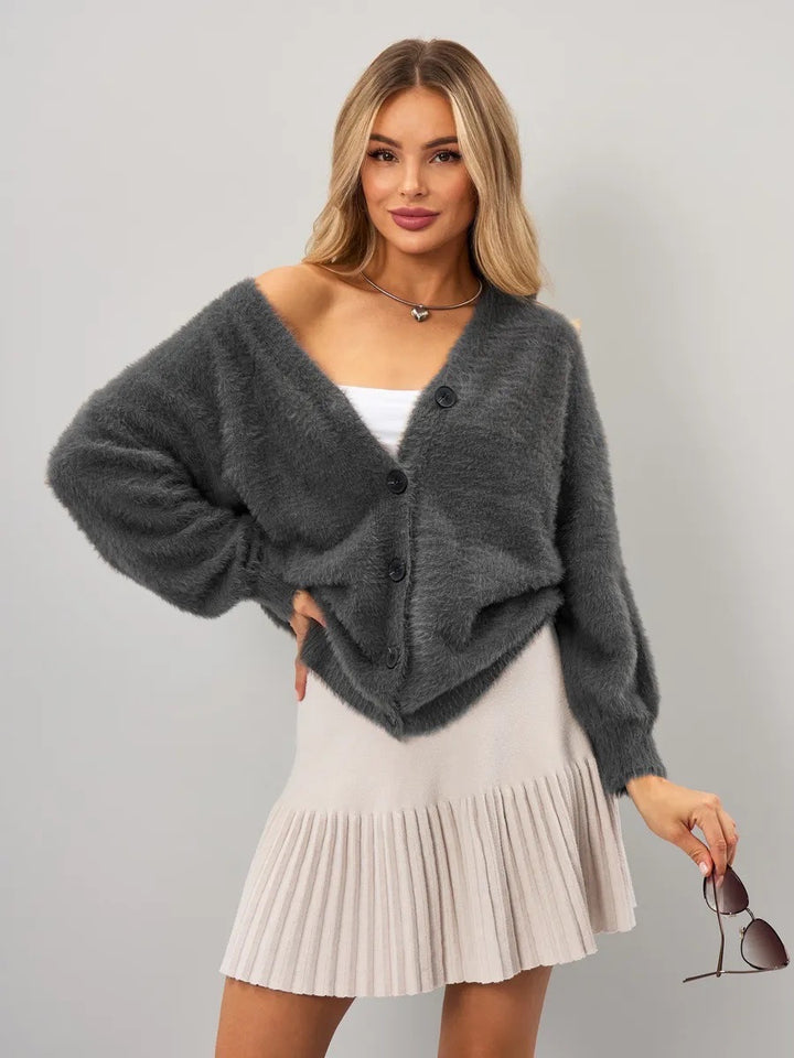 Women Plush Cardigan with Deep V Neckline and Button Details Lune London