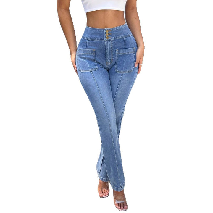 Women High-Waisted Straight Jeans with Front Pockets and Center Seam Amarae