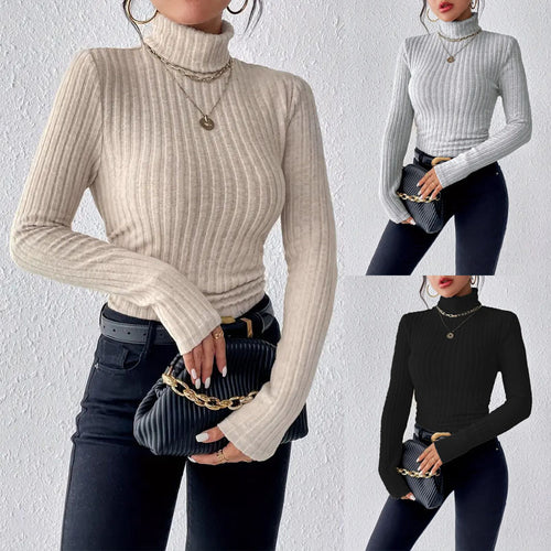 Ladies elegant ribbed knit top with high collar and longer cut Amarae