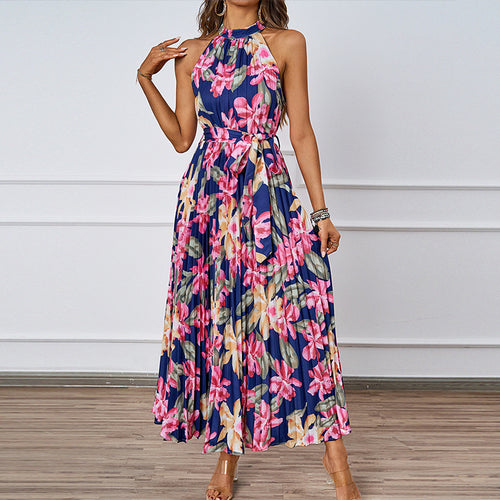 Ladies maxi dress with intricate pleating and stylish tie belt Amarae