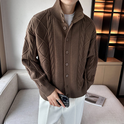 Chunky knit sweater for men with modern high collar and button placket Amarae