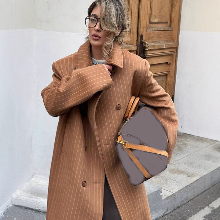 Women Double-Breasted Oversized Wool Blend Coat with Pinstripes and Loose Fit Amarae