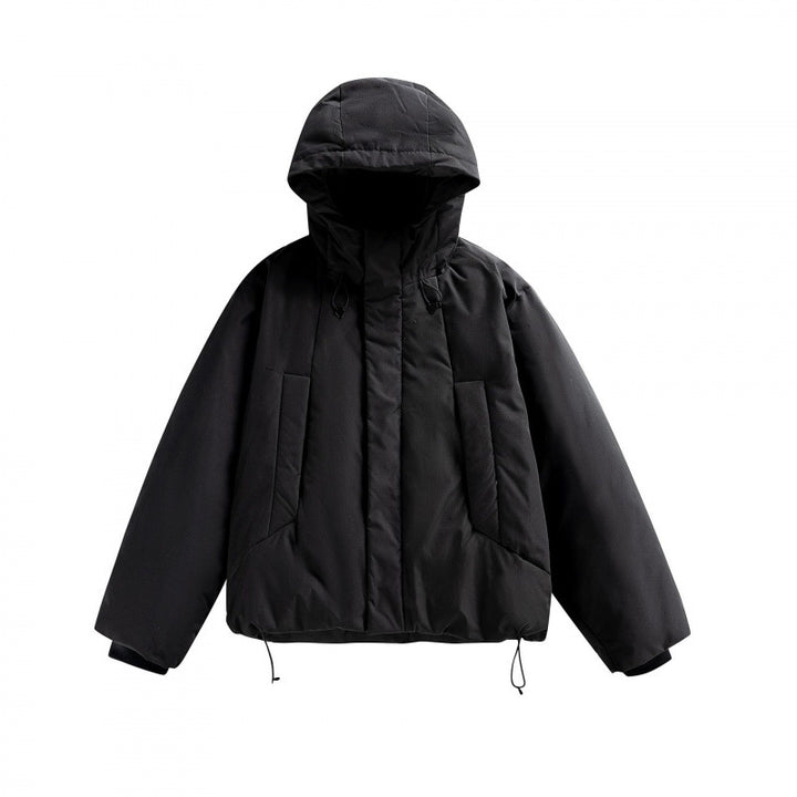 Unisex Short Padded Hooded Transition Jacket in Boxy Cut with High Stand Collar Amarae