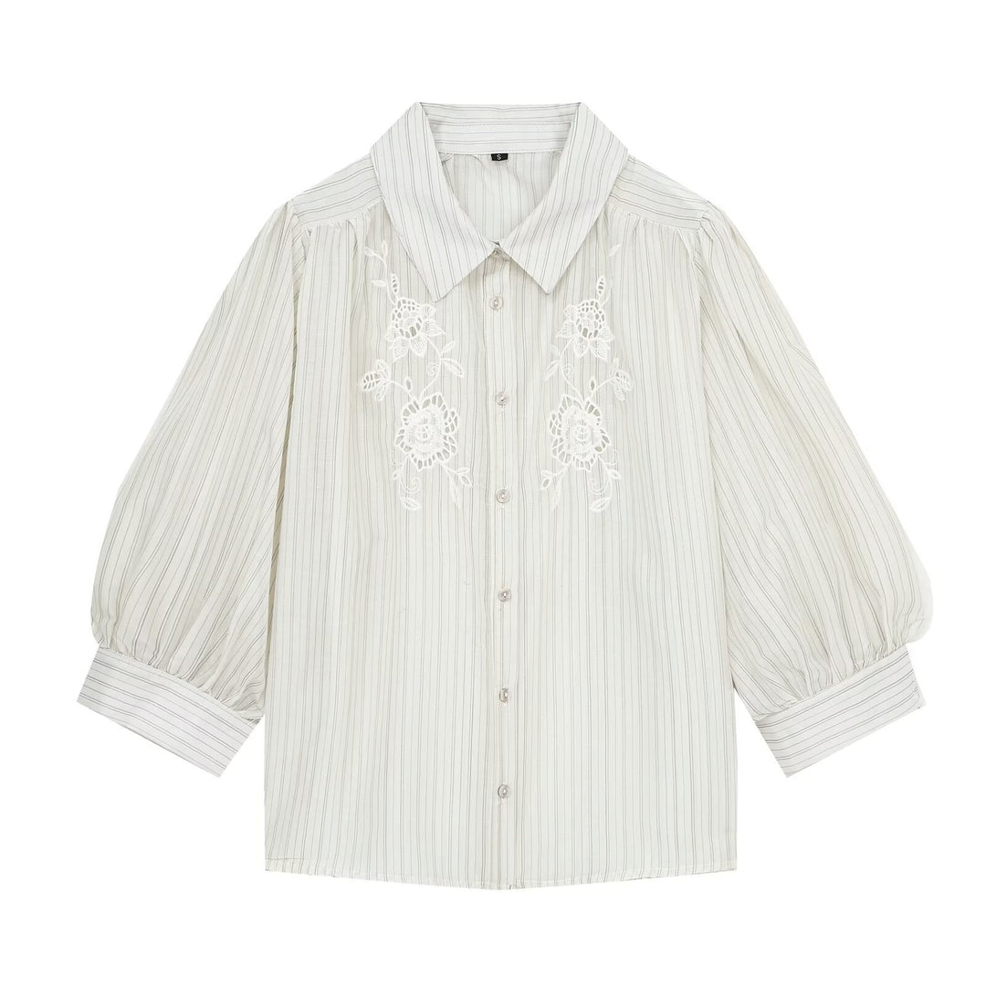 Women's Striped Blouse with Delicate Lace Embroidery and 3/4 Balloon Sleeves