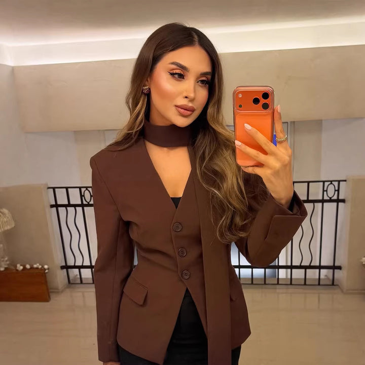 Women's Tailored V-Neck Blazer with Integrated Bow and Flap Pockets Amarae