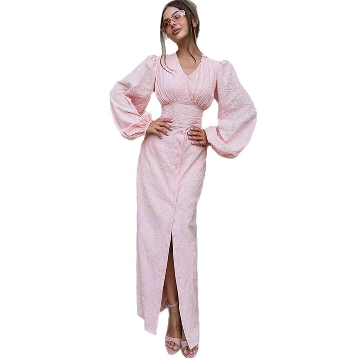 Ladies maxi dress with puff sleeves, fitted bodice and front button placket Amarae