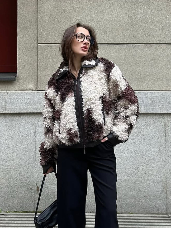 Women's short jacket made of curly bouclé faux fur with leather look detailing Amarae