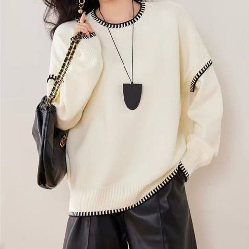 Pull en tricot décontracté pour femmes avec ourlet contrasté et manches douces Chic & Stil