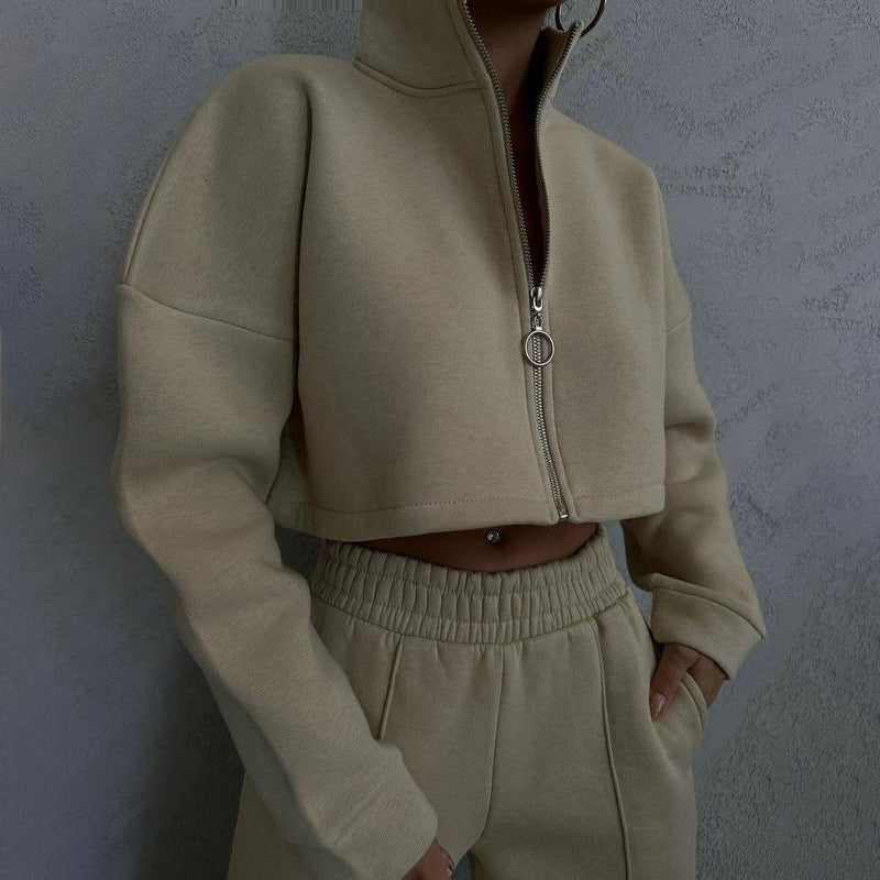 Cropped sweatshirt jacket for women with high collar and zipper Lune London
