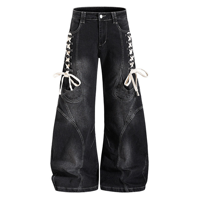 Women's wide high-waisted denim culotte with side lacing and cargo pockets Amarae