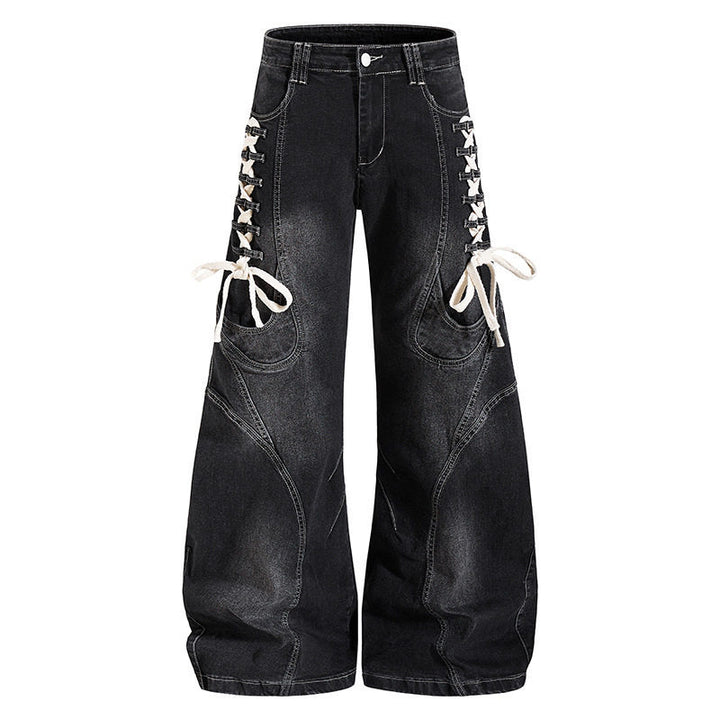 Women's wide high-waisted denim culotte with side lacing and cargo pockets Amarae