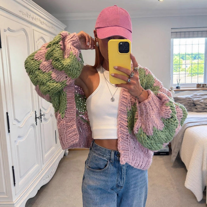 Women's Chunky Knit Cropped Cardigan with Voluminous Balloon Sleeves and Crochet Patch Details Amarae