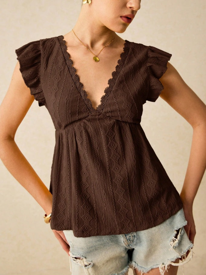 Ladies blouse with ruffled sleeves and deep V-neck Lune London