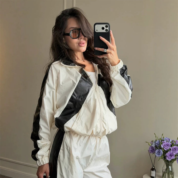 Ladies Sportives Nylon Set with Boxy Zip Jacket and High-Waist Jogger Amarae