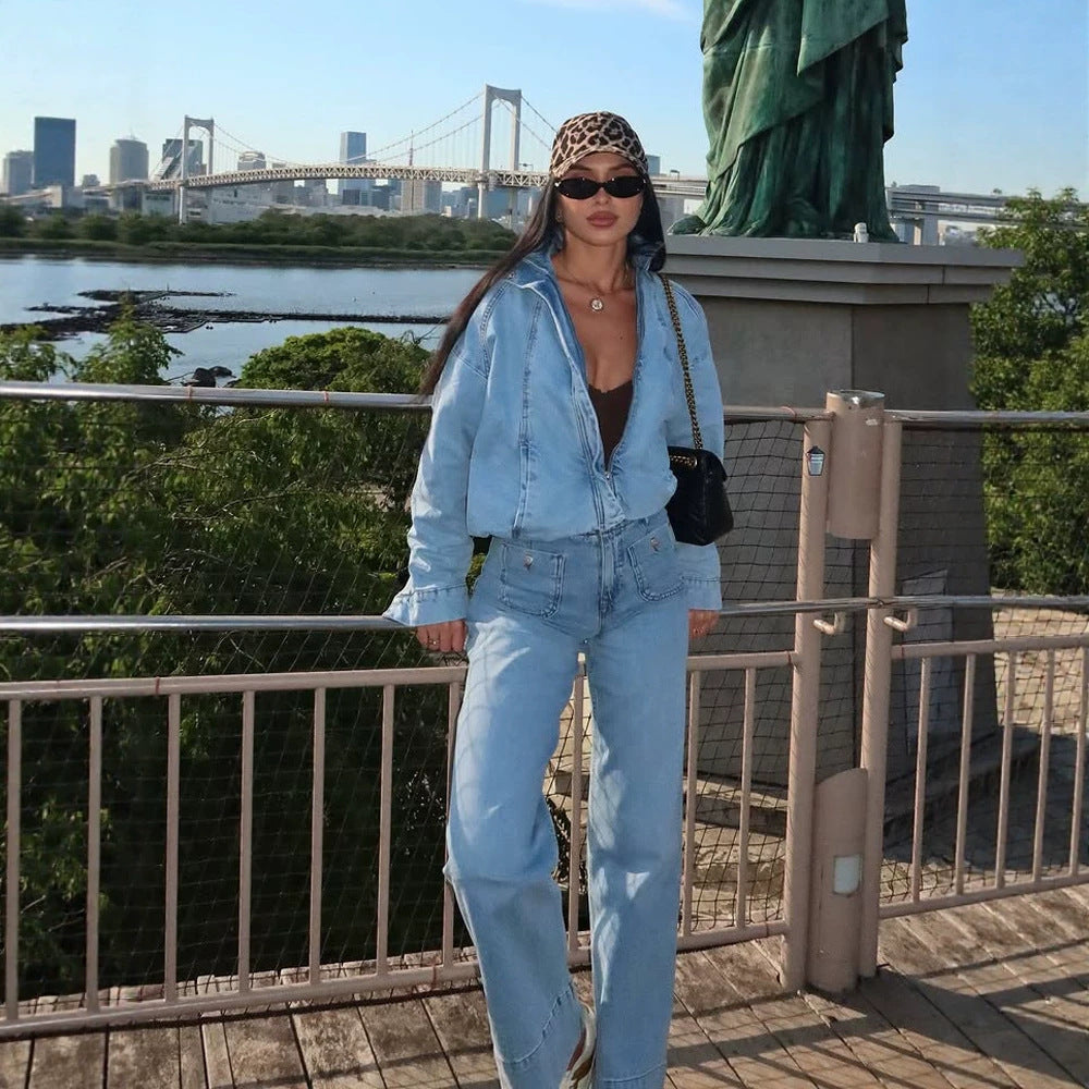 Women's Cropped Denim Jacket in Bomber Style with High Standing Collar and Oversized Sleeves Amarae