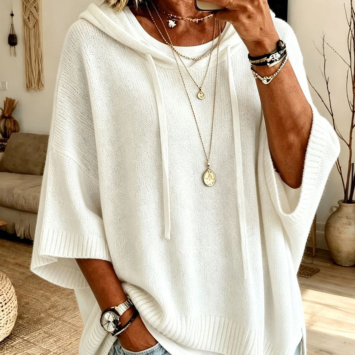 Ladies Oversized Knit Poncho with Hood, Batwing Sleeves and Side Slits Amarae