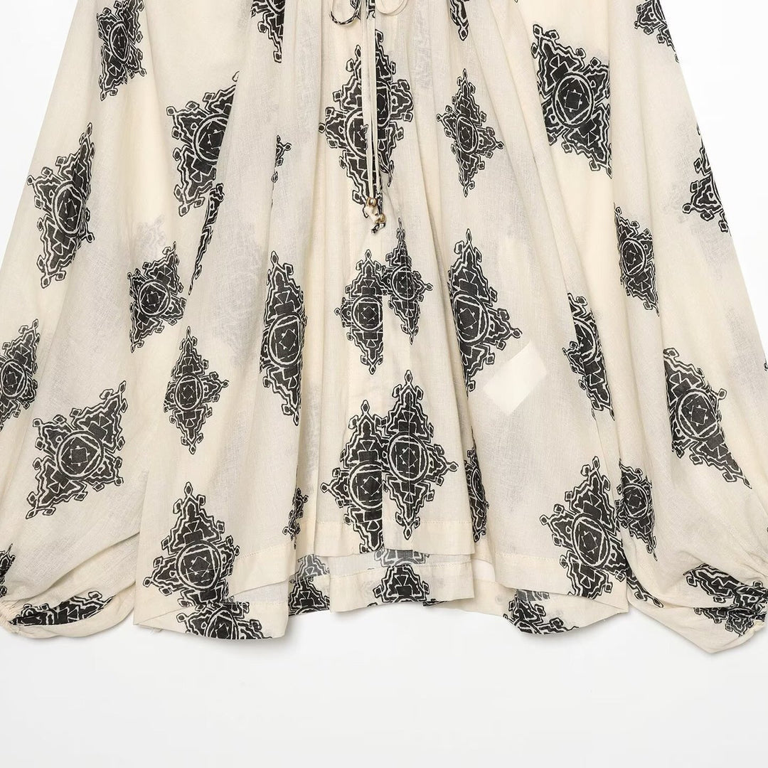 Women's Lightweight Chiffon Tunic with Ruffled Collar, Tie Band and Balloon Sleeves Amarae