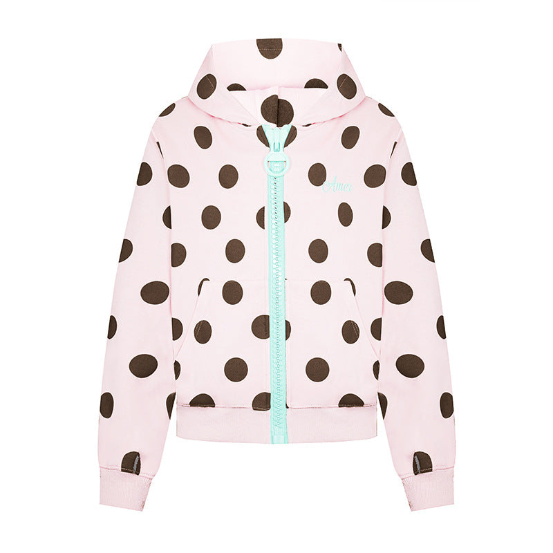 Women's cropped hooded zip jacket with large polka dot pattern and decorative zipper Amarae