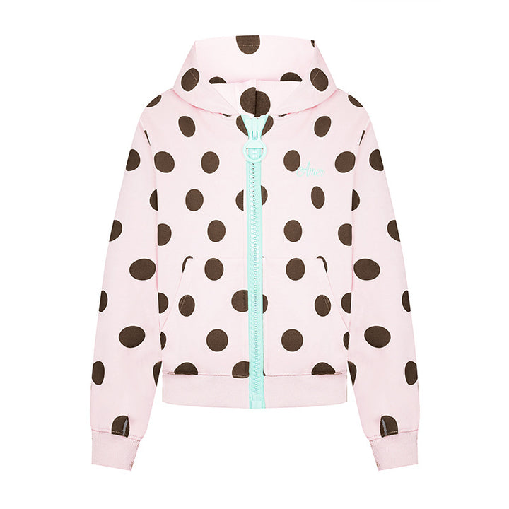 Women's cropped hooded zip jacket with large polka dot pattern and decorative zipper Amarae
